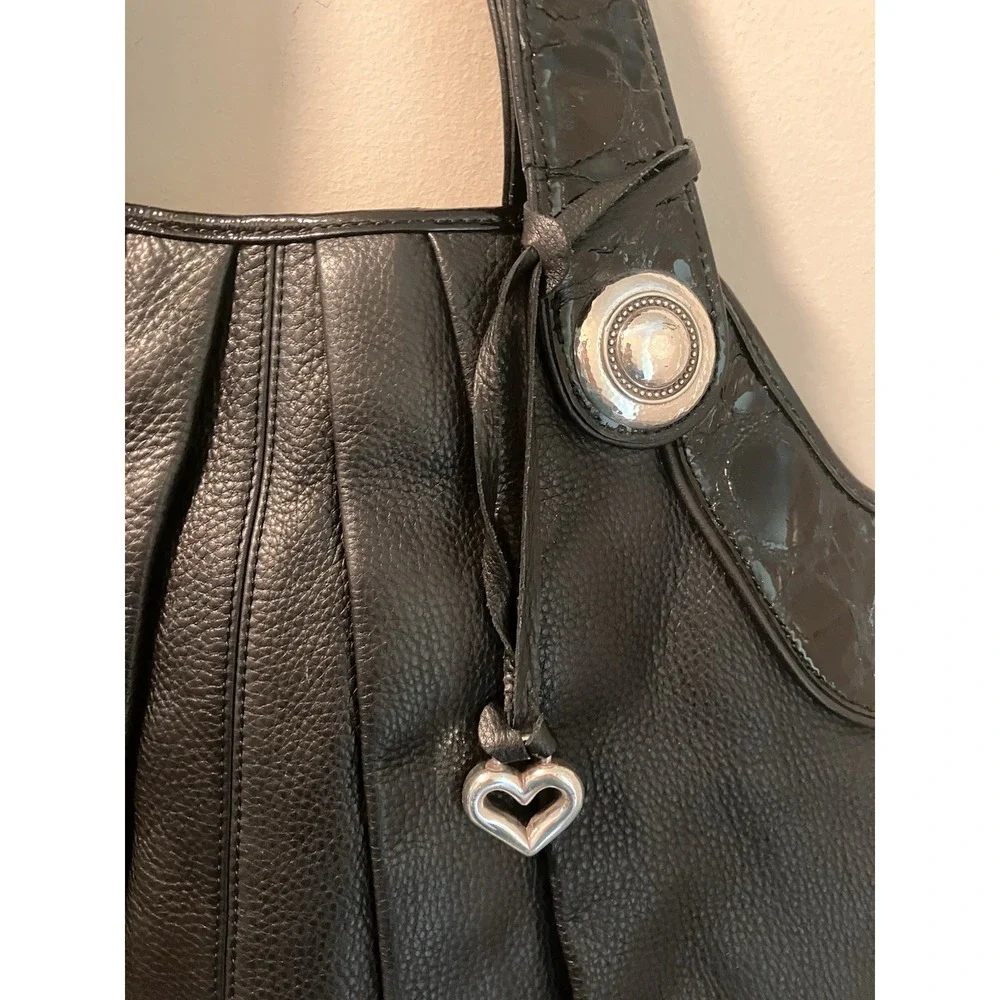 Brighton Purse Black‎ Pebbled Pleated Shoulder Bag Silver Large